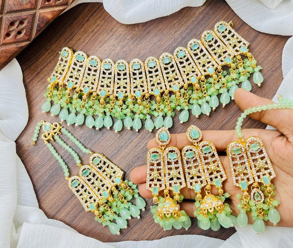 Heavy bandhai bridal set with jhumar
