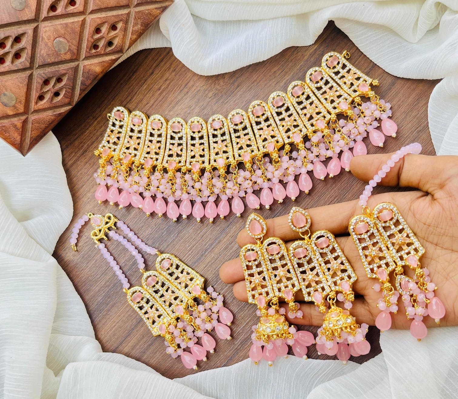 Heavy bandhai bridal set with jhumar