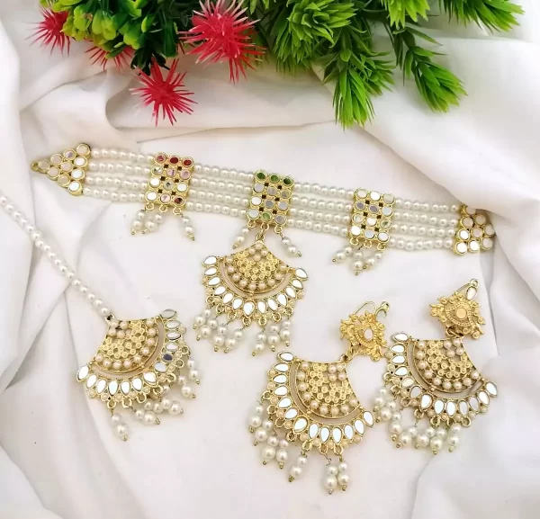 White-43-1.webp Pearl kundan choker set - Image 1