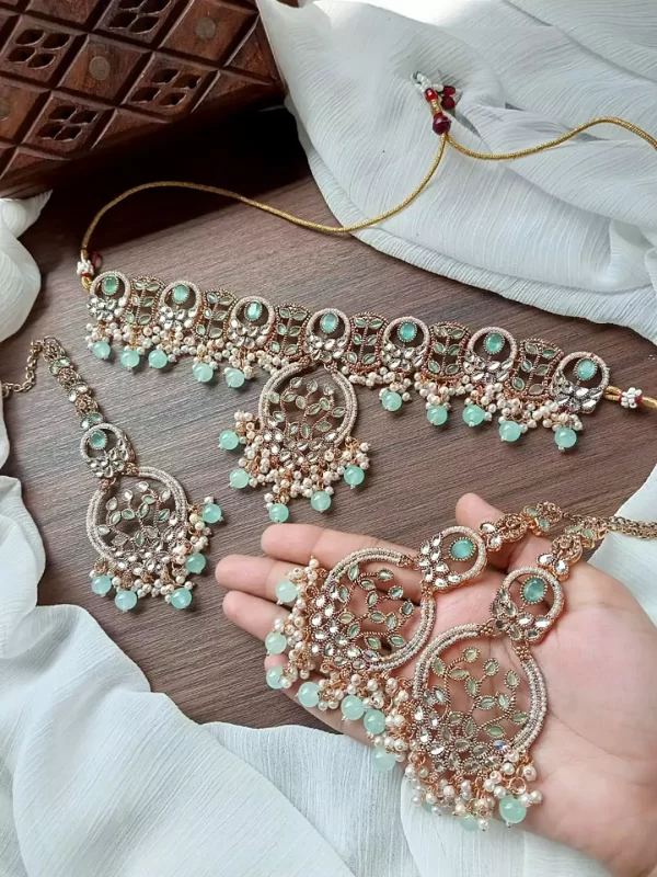 d-mint.webp Designer leafy choker teeka set - Image 9