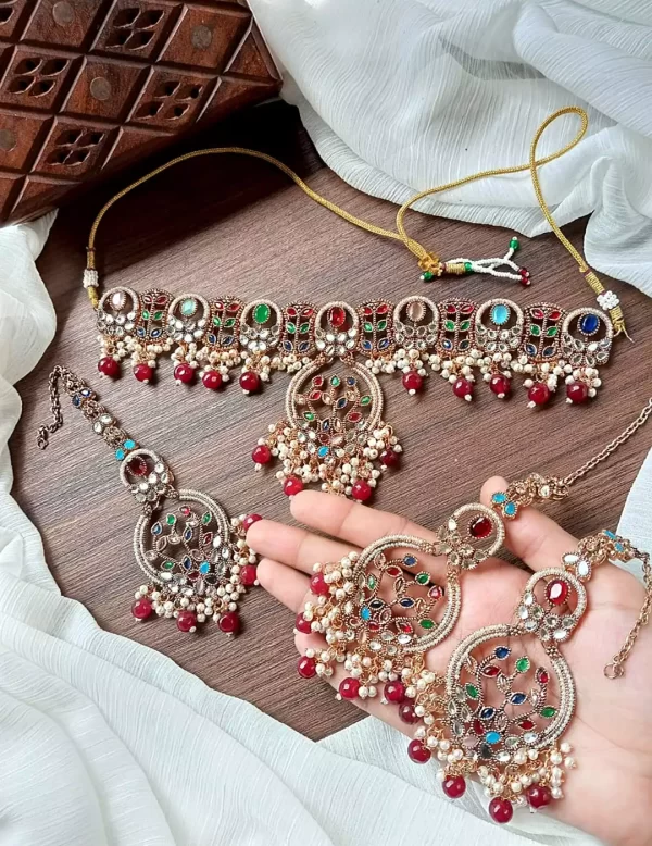 red-15-2.webp Designer leafy choker teeka set - Image 6