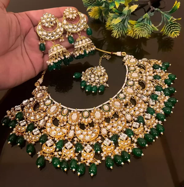 dark green Kundan heavy necklace set - Image 2