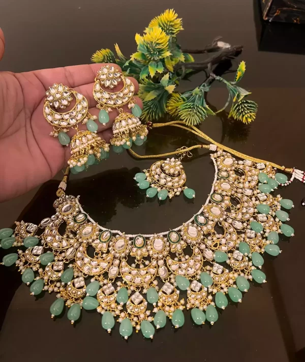 mint Kundan heavy necklace set - Image 5
