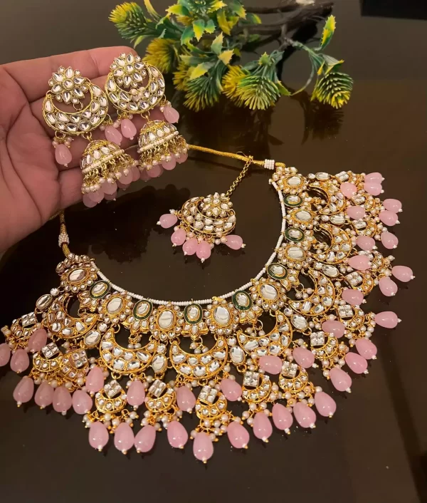 pink Kundan heavy necklace set - Image 4