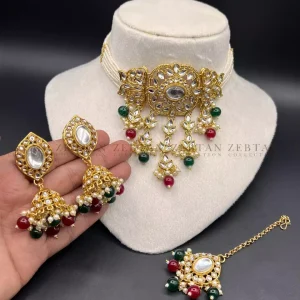 Kundan choker set with teeka jhumki earrings and teeka
